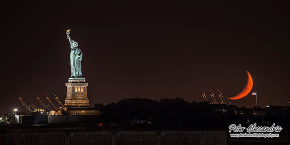 Crescent Moon Over Statue of Liberty